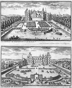 GRAVURE DU XVII EME SIECLE REPRESENTANT LES FACADES DU CHATEAU COTE JARDIN ET COTE COUR D'ENTREE, CHATEAU DE MAINTENON, EURE-ET-LOIR (28), FRANCE 