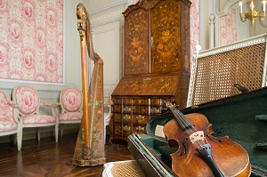 LE BOUDOIR OU CABINET DE MUSIQUE AVEC LA HARPE DE LA GRAND-MERE, DOMAINE GEORGE SAND, LA VALLEE NOIRE ET LE ROMANTISME DE GEORGE SAND DANS LE BERRY, NOHANT-VIC (36), FRANCE 