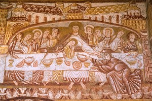 LA CENE, REPAS DU CHRIST ET DES APOTRES, LES FRESQUES RELIGIEUSES DE L'EGLISE SAINT-MARTIN DE VIC, CLASSEES EN 1850 GRACE A L'INTERVENTION DE GEORGE SAND, LE ROMANTISME DE LA VALLEE NOIRE DE GEORGE SAND DANS LE BERRY (36), FRANCE 