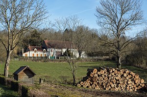 PAYSAGE BERRICHON ET BOIS DE CHAUFFE, VERNEUIL-SUR-IGNERAIE, LA VALLEE NOIRE DE GEORGE SAND DANS LE BERRY (36), FRANCE 
