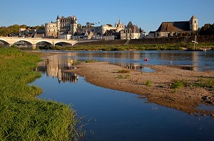 BORDS DE LA LOIRE DEPUIS L'ILE DE LA CROIX SAINT-JEAN, VUE SUR L'EGLISE SAINT-FLORENTIN, LE CHATEAU ROYAL ET LA VILLE D'AMBOISE, INDRE-ET-LOIRE (37), FRANCE 