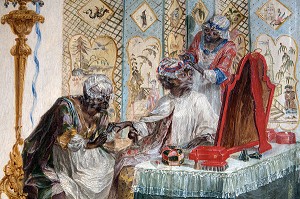SCENE DE TOILETTE, PANNEAU EVOQUANT LES OCCUPATIONS FAMILIERES DES DAMES DE CHANTILLY REPRESENTEES EN SINGES ARISTOCRATIQUES, PETITS APPARTEMENTS DU CHATEAU DE CHANTILLY, OISE (60), FRANCE 