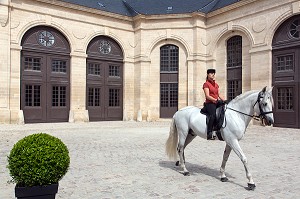 CHEVAL ET SA CAVALIERE EN HABIT DE REPRESENTATION DANS LA COUR DES REMISES, ANIMATION MONTRANT L' ART DU DRESSAGE, NOUVEAU MUSEE DU CHEVAL, OUVERT EN 2013, AMENAGE DANS LES GRANDES ECURIES DU DOMAINE DU CHATEAU DE CHANTILLY, OISE (60), FRANCE 