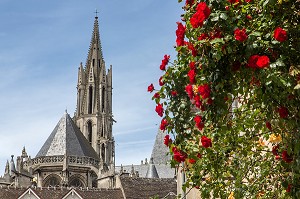 CHEVET ET FLECHE DE LA CATHEDRALE GOTHIQUE NOTRE-DAME, SECTEUR SAUVEGARDE, QUARTIER HISTORIQUE DE SENLIS, OISE (60), FRANCE 