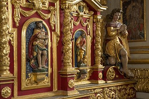DETAIL DU RETABLE REMARQUABLE DE LA CHAPELLE SAINT-PIERRE, 17 EME SIECLE, SAINT-NICOLAS-DE SOMMAIRE (61) ORNE, BASSE-NORMANDIE, FRANCE 