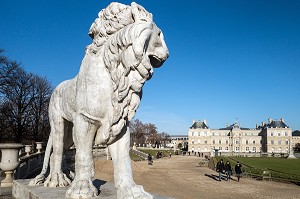 STATUE DU LION DE JEAN-BATISTE HENRAUX DEVANT LE PALAIS DU SENAT, JARDIN DU LUXEMBOURG, PARIS (75), FRANCE 