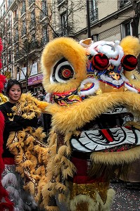 DANSE CHINOISE DU LION PROTECTEUR, IL ECARTE LES GENIES MALFAISANT, MYTHOLOGIE CHINOISE, NOUVELLE ANNEE, NOUVEL AN CHINOIS, DEFILE A PARIS CELEBRANT L'ENTREE DANS L'ANNEE DU TIGRE, PARIS (75), 13 EME ARRONDISSEMENT 
