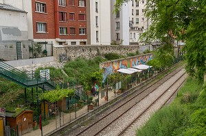 LES JARDINS DU RUISSEAU, JARDIN PARTAGE ASSOCIATIF, SUR LE SITE DE LA GARE ORNANO, PETITE CEINTURE, 18 EME ARRONDISSEMENT (75), FRANCE 