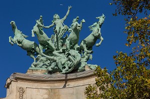SCULPTURE ORNANT LE GRAND PALAIS, L'HARMONIE TRIOMPHANT DE LA DISCORDE, LE GRAND PALAIS EST UN MONUMENT DEDIE A LA CULTURE, IL FUT EDIFIE A LA FIN DU 19 EME SIECLE POUR L'EXPOSITION UNIVERSELLE DE 1900, IL ABRITE AUJOURD'HUI DE NOMBREUX SALONS ET EXPOSITIONS PRESTIGIEUSES, 8 EME ARRONDISSEMENT, PARIS (75), ILE-DE-FRANCE, FRANCE 