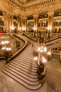 GRAND ESCALIER EN MARBRE, OPERA GARNIER, PALAIS GARNIER, 9 EME ARRONDISSEMENT, (75), PARIS, ILE-DE-FRANCE, FRANCE 