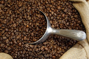 GRAINS DE CAFE TORREFIE DANS UN SAC DE TOILE DE JUTE, CAFE DUCHOSSOY, LE HAVRE, SEINE-MARITIME (76), NORMANDIE, FRANCE 