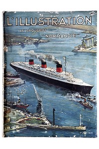 COUVERTURE DE L'ILLUSTRATION AVEC LE PAQUEBOT 'LE NORMANDIE' EN 1935, MAGASIN D'ANTIQUITES MARINE 'LES TRANSATLANTIQUES', LE HAVRE, SEINE-MARITIME (76), NORMANDIE, FRANCE 