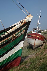 EPAVES DE BATEAUX ECHOUES SUR LE RIVAGE, SIGNE DE LA BAISSE DE L'ACTIVITE DE PECHE, LE CROTOY, BAIE DE SOMME (80), FRANCE 
