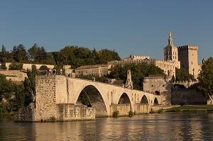 PONT SAINT BENEZET, APPELE PONT D'AVIGNON, SITUE SUR LE PETIT RHONE, LE PALAIS DES PAPES ET LE CLOCHER DE LA CATHEDRALE NOTRE DAME DES DOMS, VILLE D'AVIGNON APPELEE CITE DES PAPES ET CLASSEE AU PATRIMOINE MONDIAL DE L'UNESCO, VAUCLUSE (84), FRANCE 