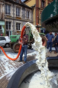 MANIFESTATION PRODUCTEURS DE LAIT SUR LA PLACE DE MOULIN LA MARCHE, PRIX DU LAIT, GREVE DU LAIT EUROPEENNE, ORNE, (61) 