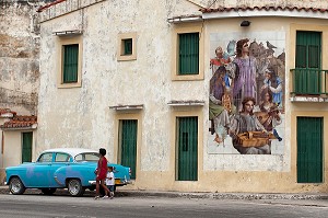 PEINTURE MURALE, SCENE DE RUE, VIE QUOTIDIENNE, LA HAVANE, CUBA, CARAIBES 