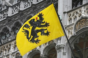 DRAPEAU FLAMAND, FACADE DE MAISON, MAISON DU ROI, MUSEE DE LA VILLE DE BRUXELLES, GRAND-PLACE, BRUXELLES, BELGIQUE
