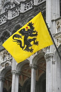 DRAPEAU FLAMAND, FACADE DE MAISON, MAISON DU ROI, MUSEE DE LA VILLE DE BRUXELLES, GRAND-PLACE, BRUXELLES, BELGIQUE