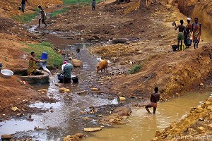 LES FEMMES LAVENT LE LINGE AU PUITS, ENFANTS ET COCHONS SE PARTAGENT L'EAU DU RUISSEAU, AU BURKINA FASO, L'EAU EST RARE ET PRECIEUSE, BOBO-DIOULASSO, BURKINA FASO 