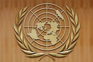 LOGO DORE DE L'ONU DE LA GRANDE SALLE DES ASSEMBLEES DU PALAIS DES NATIONS, ORGANISATION DES NATIONS UNIES (ONU, UNITED NATIONS), GENEVE, SUISSE 