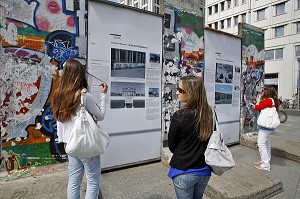 JEUNES FEMMES, TOURISTE DEVANT DES FRAGMENTS DU MUR DE BERLIN, POTSDAMER PLATZ, BERLIN, ALLEMAGNE 