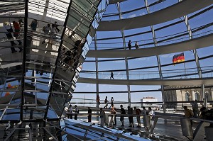 PARLEMENT ALLEMAND, REICHSTAG, DEUTSCHER BUNDESTAG AVEC SONT DOME, REAMENAGES PAR L'ARCHITECTE BRITANNIQUE NORMAN FOSTER, LAUREAT DU PRITZKER (LE 'PRIX NOBEL' DE L'ARCHITECTURE), BERLIN, ALLEMAGNE 