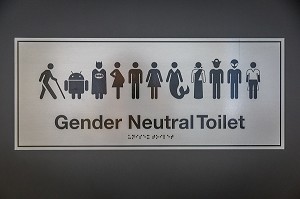 PANNEAU HUMORISTIQUE INDIQUANT DES TOILETTES DE GENRE NEUTRE AU SEIN DU SIEGE DE GOOGLE A ZURICH, LOGO DE GOOGLE, GENRE NEUTRE, SEXE MASCULIN, SEXE FEMININ, MOTEUR DE RECHERCHES, GAFA, ECONOMIE, BOURSE, NASDAQ, ZURICH, CANTON DE ZURICH, SUISSE 