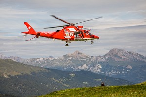 HELICOPTERE DE SECOURS DE LA REGA AU DECOLLAGE AU-DESSUS D'UN ALPAGE EN MONTAGNE, EVACUATION SANITAIRE, GARDE AERIENNE SUISSE DE SAUVETAGE, STATION DE LENZERHEIDE, CANTON DES GRISONS, ALPES SUISSES, SUISSE 