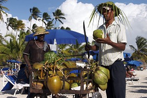 VENDEUR DE NOIX DE COCO SUR UNE PLAGE DE PUNTA CANA, PUNTA CANA, REPUBLIQUE DOMINICAINE 