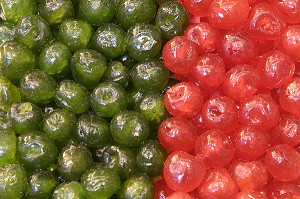 ETAL DE FRUITS CONFIS AU MARCHE 'LA BOQUERIA', TEMPLE CULINAIRE DEVENU UN DES PLUS GRAND MARCHE D'EUROPE, QUARTIER 'EL RAVAL', BARCELONA 