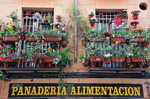 FENETRES ET BALCONS FLEURIS AU DESSUS D'UNE EPICERIE 'PANADERIA ALIMENTATION', MALASANA, MADRID, ESPAGNE 