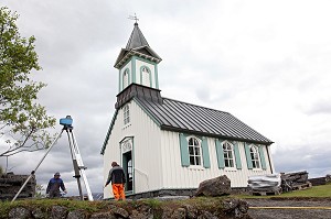 EGLISE DU PARC NATIONAL DE THINGVELLIR, LIEU DE L'ANCIEN PARLEMENT OU FUT PROCLAME L'INDEPENDANCE DE L'ISLANDE, SITE CLASSE AU PATRIMOINE MONDIAL DE L'UNESCO, ZONE DE FAILLE ET DE VOLCANISME ACTIF, CERCLE D'OR, GOLDEN CIRCLE, SUD DE L'ISLANDE, EUROPE, ISLANDE 