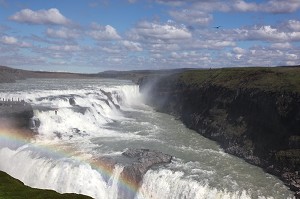 ARC EN CIEL SUR CHUTE D'EAU, CASCADE DE GULLFOSS, HAUTE DE 3E METRES, CHUTES D'OR, CERCLE D'OR, GOLDEN CIRCLE, SUD DE L'ISLANDE, EUROPE, ISLANDE 