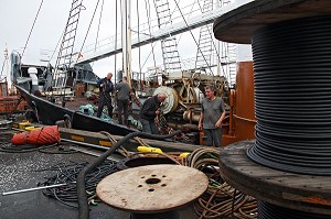 CHASSE A LA BALEINE, EQUIPAGE D'UN NAVIRE BALEINIER DE KRISTJAN LOFTSSON PRET A APPAREILLER DANS LE PORT DE REYKJAVIK, ISLANDE, EUROPE 