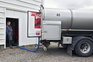 CAMION LAITIER QUI COLLECTE LE LAIT DANS UNE FERME DANS LES ENVIRONS D'AKUREYRI, NORD DE L’ISLANDE, EUROPE 