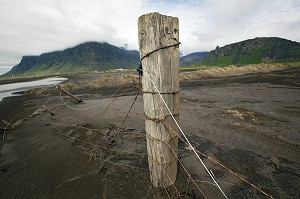 CHAMP RECOUVERT DE CENDRES SUITE AUX ERUPTIONS DU VOLCAN EYJAFJALLAJOKULL LES 20 MARS ET 14 AVRIL 2010, ISLANDE, EUROPE 