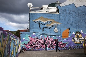 HOMME DEVANT DES MURS ORNES DE GRAFFITI DANS LA CAPITALE REYKJAVIK, ISLANDE, EUROPE 