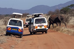 SAFARI DANS LE PARC NATIONAL DU TSAVO EST, RESERVE, PARC NATIONAL, ELEPHANT, TOURISTES, KENYA, AFRIQUE 