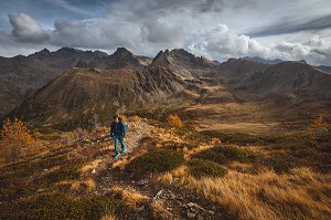 RANDONNEUR SUR UN SENTIER MENANT A LA CIME DE LA VALETTE DE PRALS, COULEURS AUTOMNALES, PARC NATIONAL DU MERCANTOUR, SAINT-MARTIN-VESUBIE, PROVENCE-ALPES-COTE-D'AZUR, (06) ALPES-MARITIMES, FRANCE 