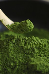 PREPARATION DE LA CEREMONIE TRADITIONNELLE DU THE. THE VERT JAPONAIS EN POUDRE (MATCHA), UTILISE AUSSI POUR PARFUMER LA CUISINE JAPONAISE ET PETITE ECOPE EN BAMBOU (CHASHAKU), JAPON, ASIE 
