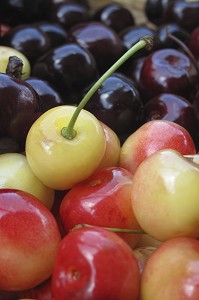 GROS PLAN DE CERISES ROUGES ET NOIRES, FRUITS ROUGES RICHES EN POTASSIUM ET AYANT DES VERTUS DIURETIQUES 