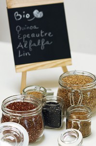 GRAINES ET CEREALES BIO (EPEAUTRE, LIN, QUINOA, SESAME, ALFALFA) RICHES EN VITAMINES, PROTEINES, CALCIUM ET ACIDES AMINES 