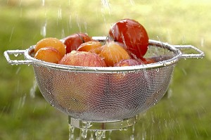 LAVAGE DE FRUITS ET LEGUMES DANS UNE ECUMOIRE SOUS UN JET D'EAU 