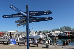 PANNEAU INDIQUANT LES PRINCIPALES DIRECTIONS DANS LE MONDE, QUARTIER DU VICTORIA AND ALBERT WATERFRONT, LE CAP, PROVINCE DU CAP OCCIDENTAL, AFRIQUE DU SUD 