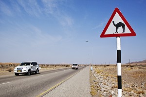 PANNEAU ROUTIER ALERTANT LES AUTOMOBILISTES SUR LA PRESENCE DE DROMADAIRES SUR UNE ROUTE MENANT AU DESERT DE WAHIBA SANDS, SULTANAT D'OMAN, MOYEN-ORIENT 