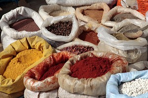 SACS D'EPICES (ANIS ETOILE, PAPRIKA, CUMIN, PIMENT, SAFRAN, RAS-EL-HANOUT, CANNELLE, GINGEMBRE...) SUR LE MARCHE BERBERE DE TAHANAOUTE, AL HAOUZ, MAROC 