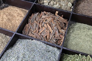 EPICES MAROCAINES (CANNELLE, LAVANDE, THYM, SESAME, LAURIER), TERRES D'AMANAR, TAHANAOUTE, AL HAOUZ, MAROC 