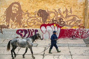 PROMENADE D'UN CHEVAL DEVANT LES ANCIENS ABATTOIRS EN BETON ARME ET RECOUVERTS DE GRAFFITI, ARCHITECTURE EN BETON ARME, HERITAGE DU MARECHAL LYAUTEY, CASABLANCA, MAROC, AFRIQUE 