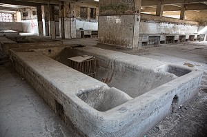 BACS EN BETON DESTINES A RECUPERER LE SANG DES ANIMAUX, INTERIEUR DES ANCIENS ABATTOIRS, ARCHITECTURE EN BETON ARME, HERITAGE DU MARECHAL LYAUTEY, CASABLANCA, MAROC, AFRIQUE 