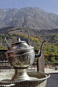 THEIERE DANS LE JARDIN DE LA KASBAH DU TOUBKAL, IMLIL, REGION BERBERE, PARC NATIONAL DU TOUBKAL, HAUT-ATLAS, MAROC 